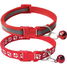 (As show, One size) 2-Pack Footprint & Reflective Cat Collar With Bell Basic Dog Cat Collar Buckle Adjustable Polyester Cat Dog-Red