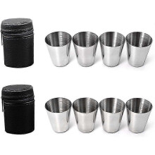 (As show, One size) 8-Piece Stainless Steel Tumblers Set - Shot Glasses Metal Flask Tumblers in Leather Case