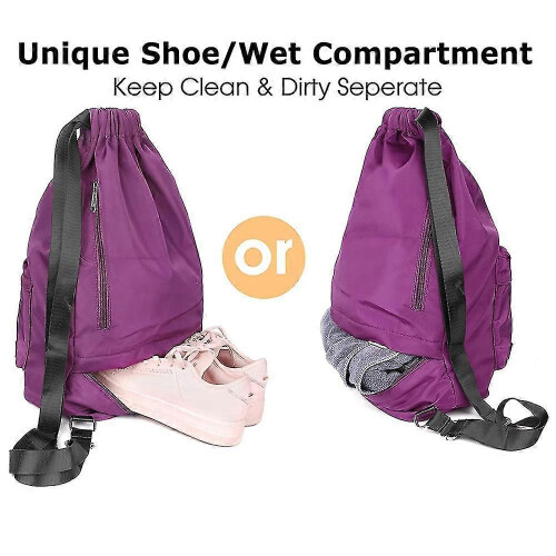 (Purple, One size) Drawstring Backpack With Shoe Pocket Water Resistant Nylon 2