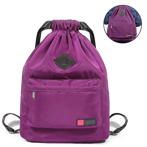 (Purple, One size) Drawstring Backpack With Shoe Pocket Water Resistant Nylon