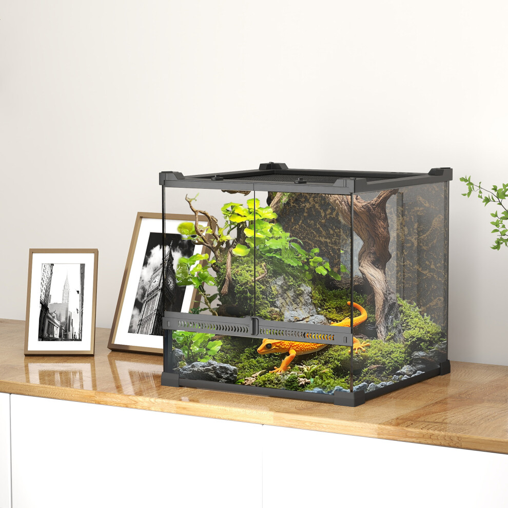 Pawhut (M) Glass Terrarium, Reptile Vivarium With Stone Background, Black