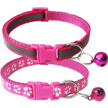 (As show, One size) 2-Pack Footprint & Reflective Cat Collar With Bell Basic Dog Cat Collar Buckle Adjustable Polyester Cat Dog-Rose