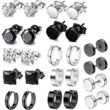 (As show, One size) 12 Pairs Earrings for Men, Stainless Steel Black Stud Earrings Hoop Earrings Set for Unisex, Boys Girls Jewelry Set Gift