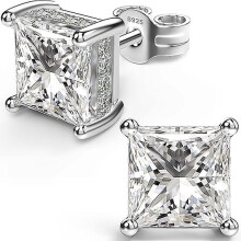 (As show, One size) 18k White Gold Plated Sterling Silver Princess Cut Cubic Zirconia Stud Earrings Square Simulated Diamond Cz Stud Earrings For Women Men Hypoallergenic