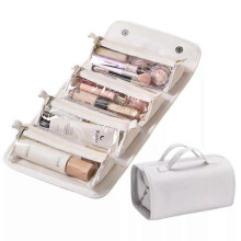 (Milk Apricot White) Leather 4 in 1 Roll Up Large Capacity Compact Waterproof Foldable Cosmetic Bag