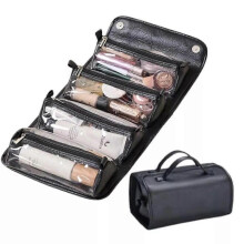 (Fashion Black) Leather 4 in 1 Roll Up Large Capacity Compact Waterproof Foldable Cosmetic Bag
