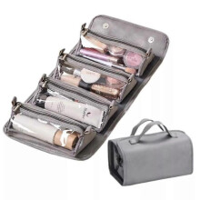 (Retro Grey) Leather 4 in 1 Roll Up Large Capacity Compact Waterproof Foldable Cosmetic Bag