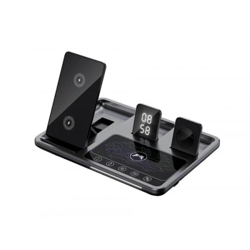 (grey) 4 in1 Digital Clock Wireless Charger Stand,4 in 1 Foldable Fast Charging Station