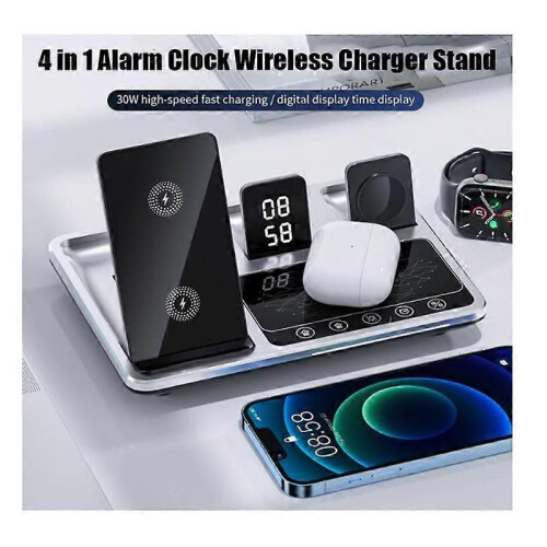 (grey) 4 in1 Digital Clock Wireless Charger Stand,4 in 1 Foldable Fast Charging Station 1