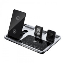 (silvery) 4 in1 Digital Clock Wireless Charger Stand,4 in 1 Foldable Fast Charging Station