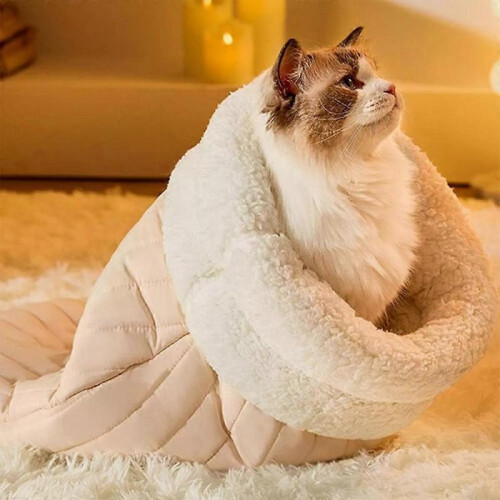 (White L code) Cat Winter Sleeping Bag, Washable Soft Sleeping Enclosed Faux down Pocket Bag 1