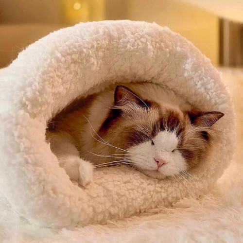 (White L code) Cat Winter Sleeping Bag, Washable Soft Sleeping Enclosed Faux down Pocket Bag 2