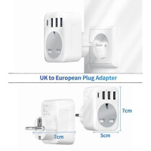 UK to European Plug Adapter Grounded Europe Travel Adapter with 3 USB + Type C