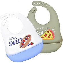 (As show, One size) Silicone Bibs for Babies and Toddlers 2 Sets Feeding Bibs for Boy and Girl, Adjustable Soft Waterproof Bibs with Food Catcher Pizza