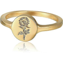 (As show, One size) 18K Gold Plated Sterling Silver Rings for Women, Handmade Engraved Sunflower Flower Signet Rings Minimalistic Statement Ring