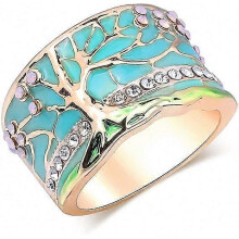 (As show, One size) Flower Tree Rings Gold Pink Opal Green Enamel Wide Ring for Woman Party Crystal Vintage Jewelry