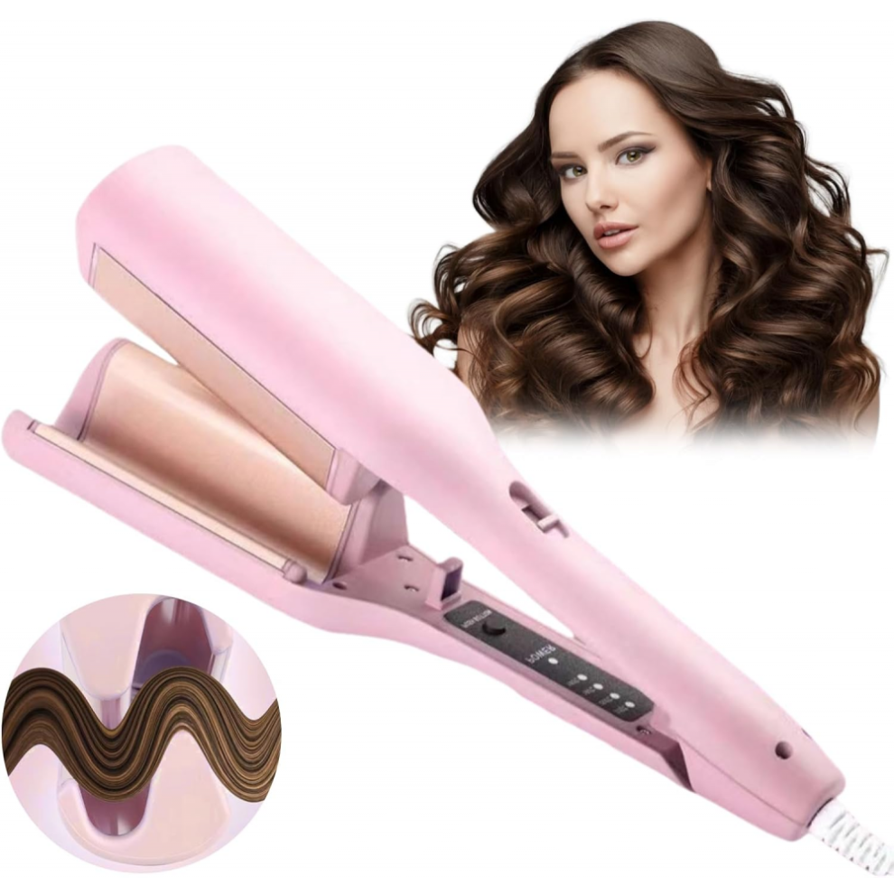French Wave Curling Iron Crimper, Hair Waver Wand Double Barrel Curler Women Girl, 32mm Deep Crimpers for Mermaid Beach Hair