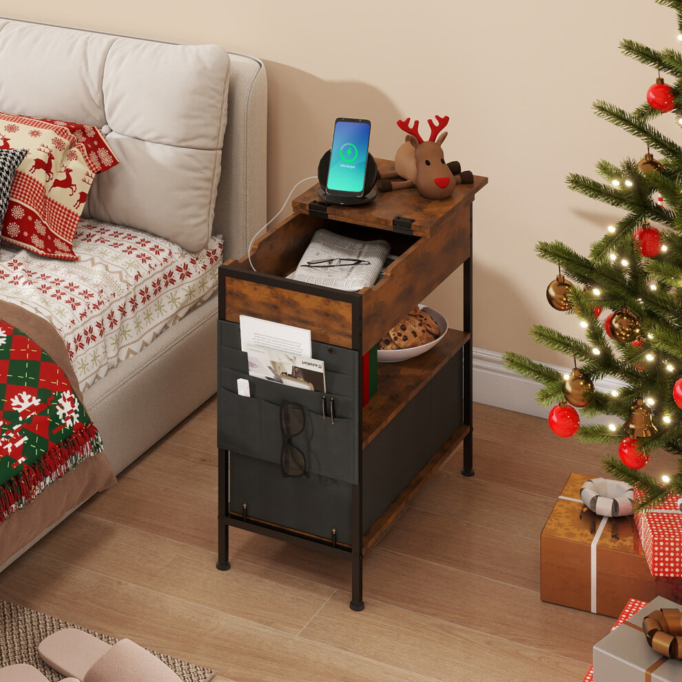 Sofa Side Table 3-Tier Flip Top End Table with Drawer Charging Station