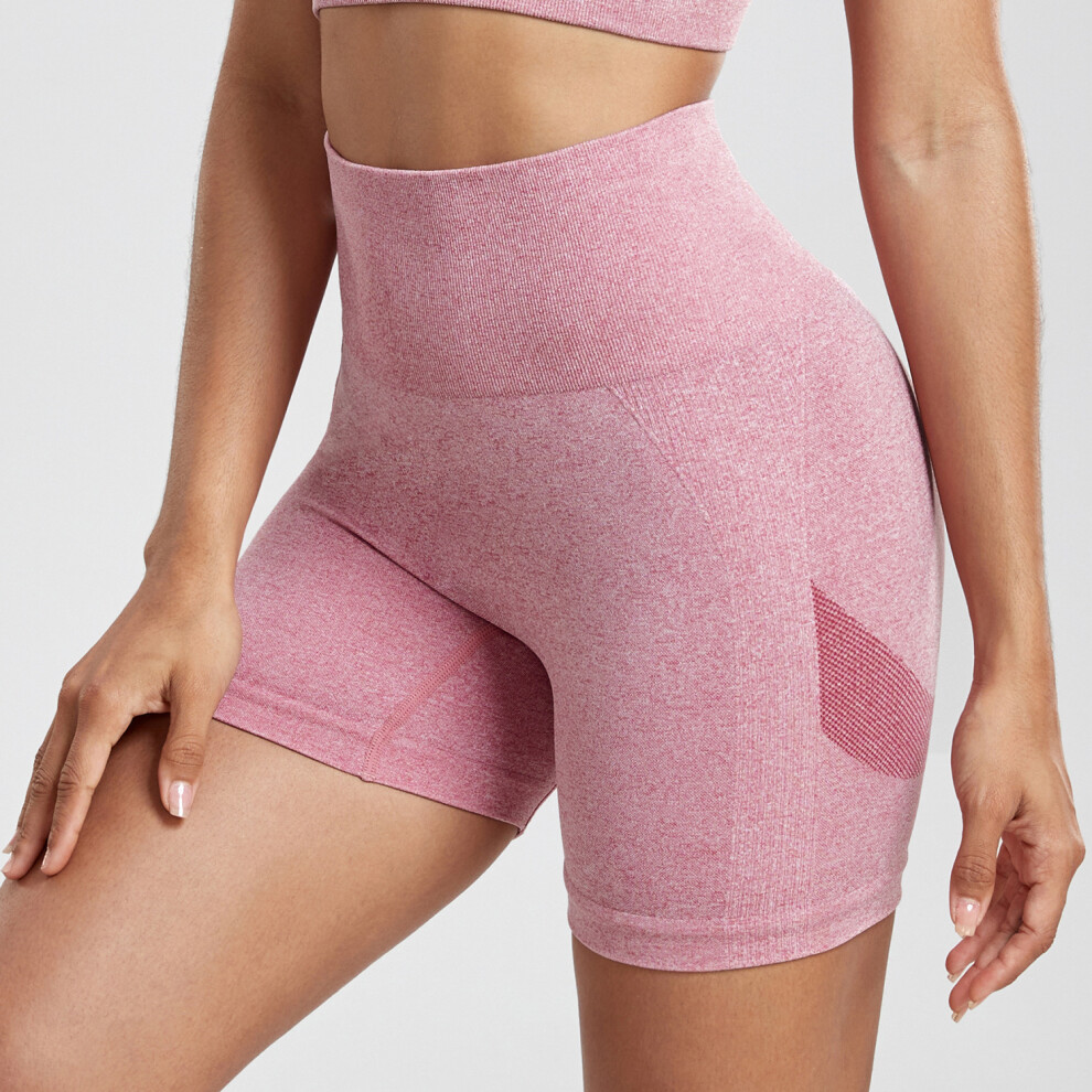 (XL, Pink) High waist double hip lifting yoga shorts seamless fitness pants jogging sports pants three-quarter pants smiling pants women