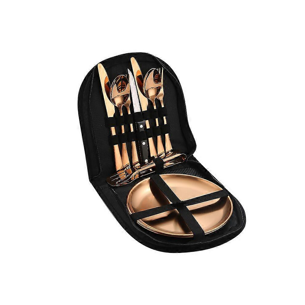 (As show, One size) Outdoor Double Picnic Bag Travel Cutlery Set Stainless Steel Portable Cutlery Setrose gold