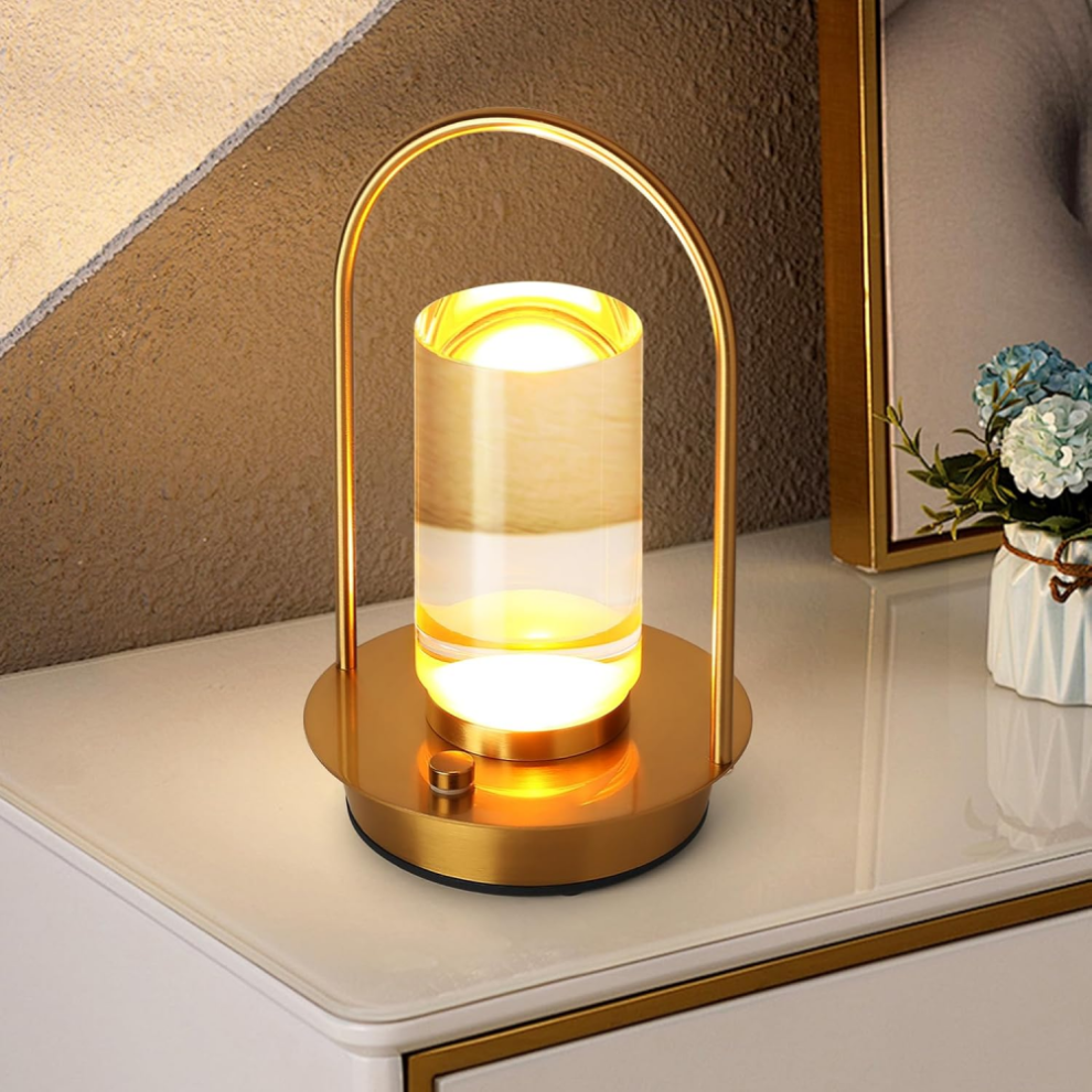 Lampe de table sans fil rechargeable, lampe de table portable en métal doré, lampe de table lanterne en cristal 4000 mAh, lampe tactile, 3 c