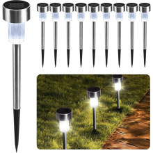 Lot de 10 lampes solaires de jardin sur piquet – Lampes LED blanches étanches en acier inoxydable pour allées, lampes solaires d'extérieur