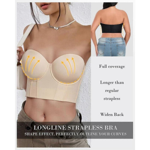 Women's Longline Strapless Bra Bustier Full Coverage Anti Slip Underwire Corset 2