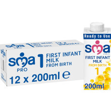 SMA Nutrition Pack of 12 First Infant Baby Milk, Pro from Birth, Ready to Use Liquid Formula Milk 200 ml Packaging May Vary