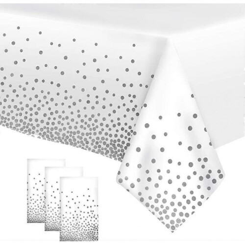 White Table Cloths Party, 3 Pack Thicken Silver Dot Confetti Tablecloths, Acsergery Gift