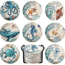Sea Ocean Drink Coaster Non Slip Ceramic Coaster Cork Set Of 8 with Acsergery Holder Home Gift