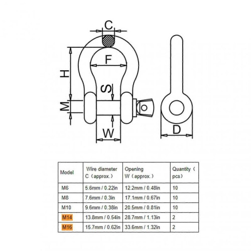 High quality  304 stainless steel bow shackle 10pcsM8 1