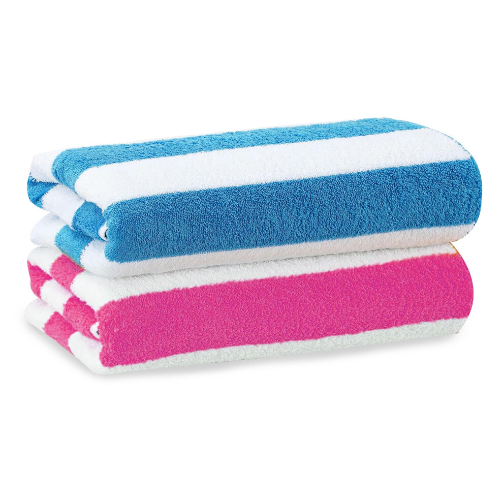 GEEZY Microfibre Beach Towels Set of 2 Blue & Pink Striped Lightweight Absorbent Pools