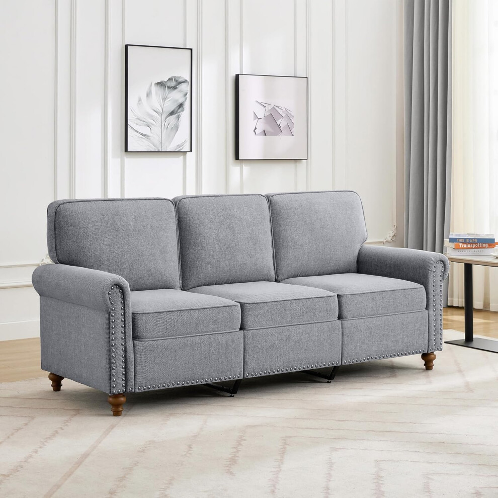 3 Seater Studded  Sofa Couch Linen Fabric Settee for Home Office Grey