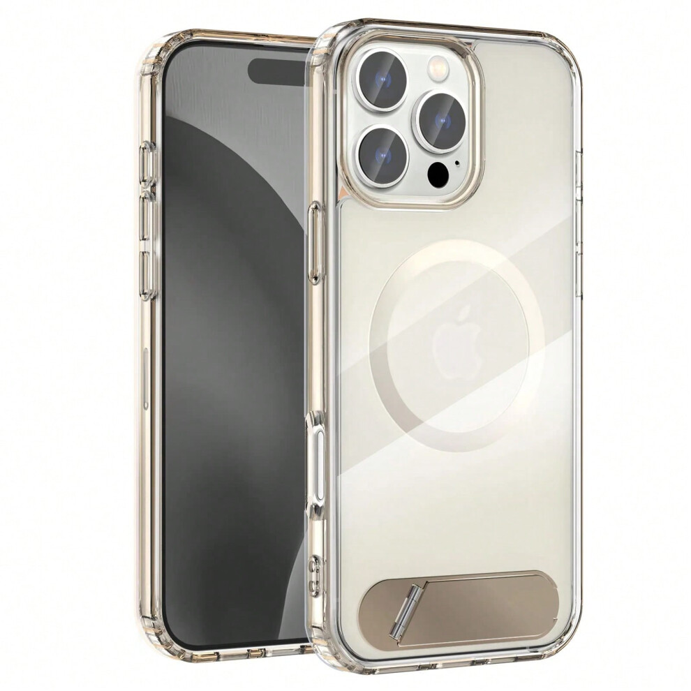 (Desert Gold, For iPhone 16 ProMax) Luxury Metal Stand Clear Magnetic Phone Case For iPhone 16 15 14 13 Pro Max Folding Invisible Bracket Shockproof P-image-OPC-PHMMDW9-NEW