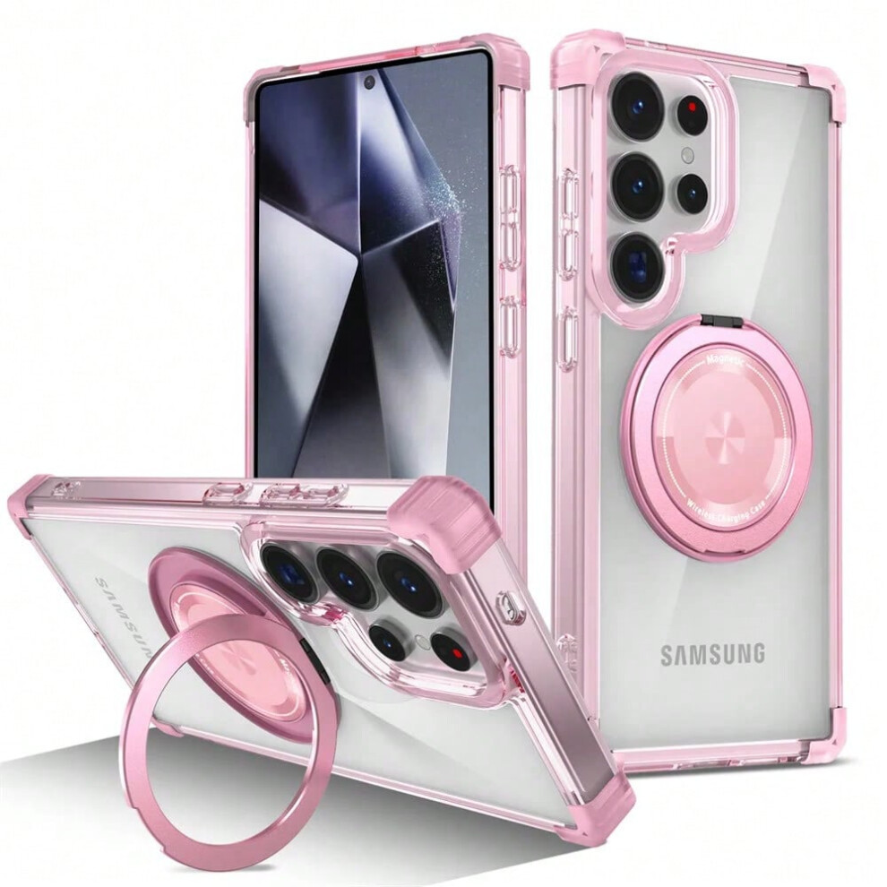 (Pink, For Galaxy S24 FE) Rotating Magnetic Folding Stand Transparent Phone Case for Samsung S25 Edge S24 S23 Plus FE S21 Ultra Armor Shockproof Cover-image-OPC-PHMMJDH-NEW