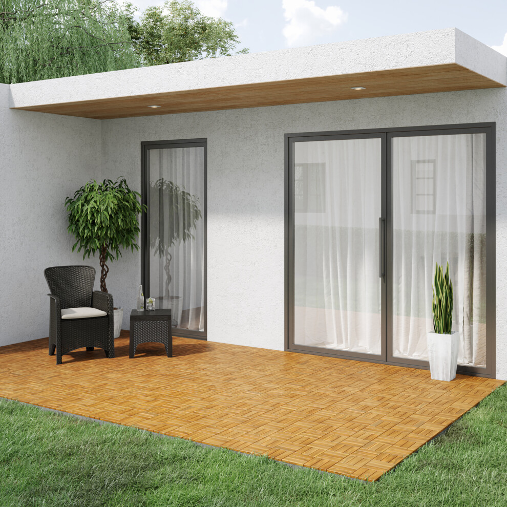 (12 Slat - Teak, 3) Interlocking Acacia Hard Wood Deck Tiles Outdoor Flooring 5063536161459