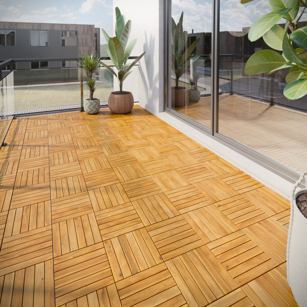 Urbn Living (6 Slat - Teak, 5) Interlocking Acacia Hard Wood Deck Tiles Outdoor Flooring