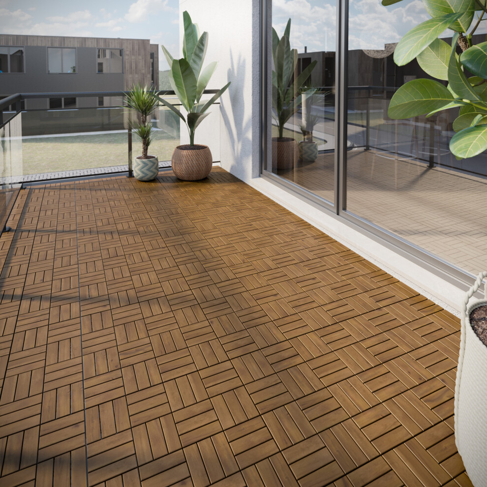 (12 Slat - Walnut, 5) Interlocking Acacia Hard Wood Deck Tiles Outdoor Flooring