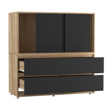 (Oak with Black Doors) 120cm 3 Sliding Door 4 Drawer Bedside Cabinet