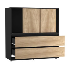 (Black with Oak Doors) 120cm 3 Sliding Door 4 Drawer Bedside Cabinet