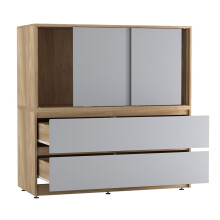 (Oak with Grey Doors) 120cm 3 Sliding Door 4 Drawer Bedside Cabinet