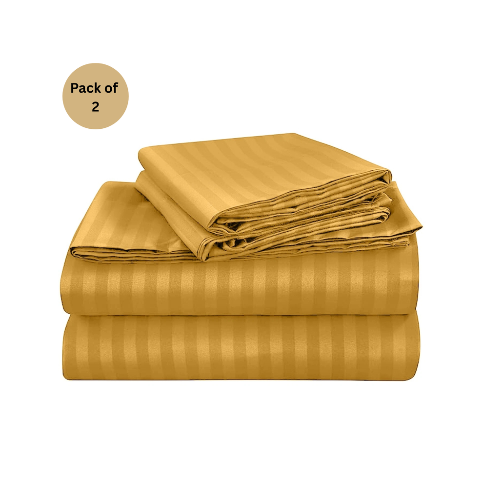 (Ochre, Double 137 x190 cm) Pack of 2 Extra Deep 40cm Stripe Pattern Fitted Sheets-Wrinkle and Shrink Resistant Soft Microfiber-image-OPC-PHHVJDY-NEW