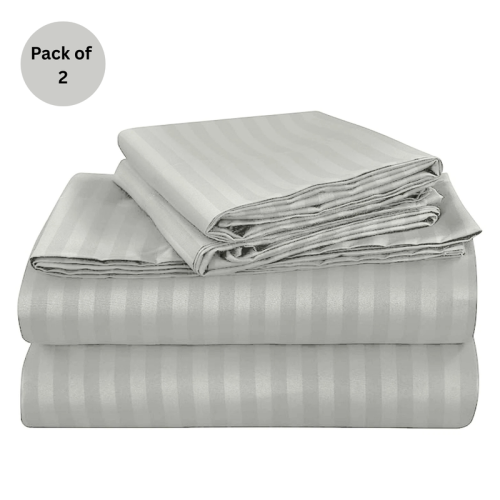 (Silver, Double 137 x190 cm) Pack of 2 Extra Deep 40cm Stripe Pattern Fitted Sheets-Wrinkle and Shrink Resistant Soft Microfiber 2