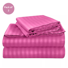 (Pink, Double 137 x190 cm) Pack of 2 Extra Deep 40cm Stripe Pattern Fitted Sheets-Wrinkle and Shrink Resistant Soft Microfiber