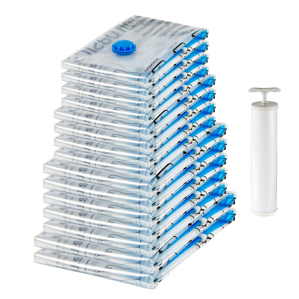 Amazon Basics Vacuum Compression Zipper Storage Bags with Airtight Valve and Hand Pump, 15-Pack, 2x X-Jumbo, 5x Jumbo, 4x (Large, Medium), 15 count (