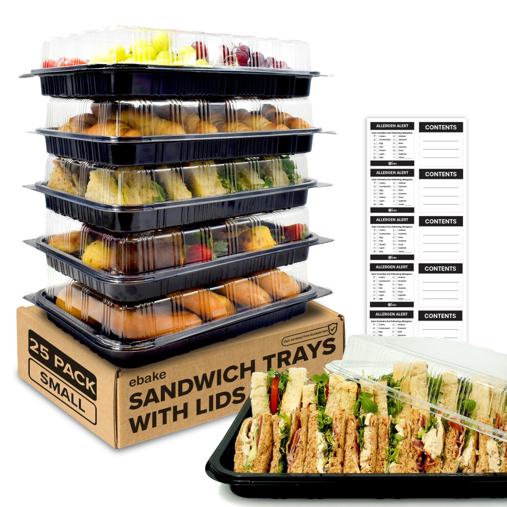 ebake 25-Pack Reusable Sandwich Platter Trays with Lids (34x24x7.5 cm) - Clear Buffet Trays with Allergy Stickers for Tea Time, Sandwiches & Snacks