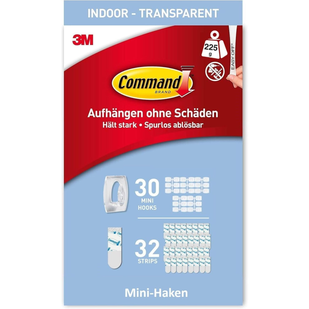 Command Clear Mini Hooks with Clear Strips, Multi Pack of 30 Hooks + 32 Adhesive Strips - Indoor Use - Suitable for Hanging Items up to 225g - Damage