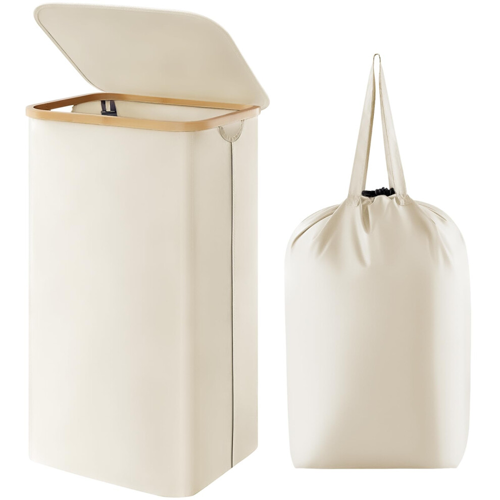 Lifewit 100L Laundry Basket with Lid, Clothes Hampers for Laundry with Bamboo Handles and A Removable Laundry Bag, Large Foldable Laundry Hamper for