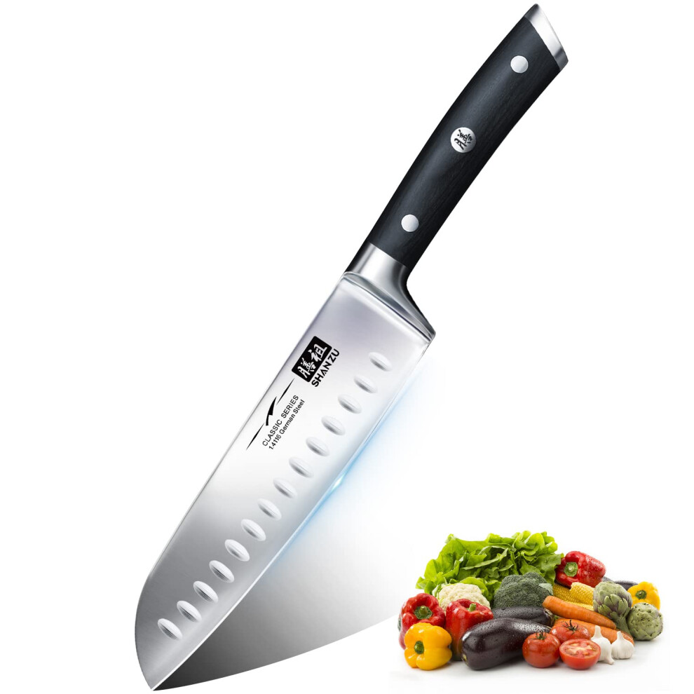 SHAN ZU Kitchen Knife, Japanese Santoku Knife 18 cm Professional Chef Knives Ultra Sharp Carving Knife High Carbon German Stainless Steel Utility Kni
