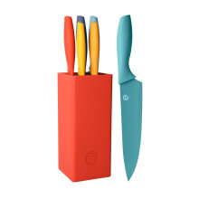 MasterChef Knife Set with Block, 5 Kitchen Knives with Sharp Stainless Steel Blades (Chef, Paring, Utility, Carving, Bread) Soft Touch Easy Grip Hand